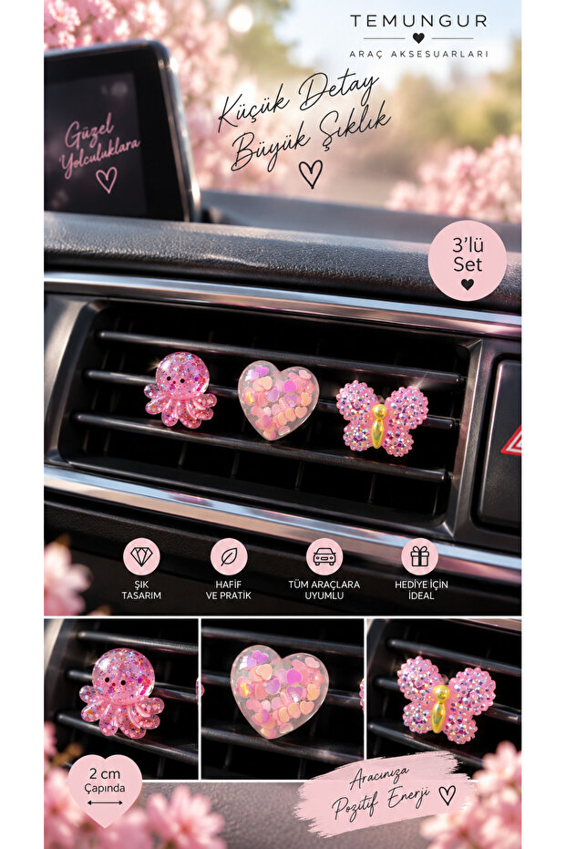 3-Piece Glittery Car Air Conditioning Ornament – Octopus Heart Butterfly Pink Car Air Vent Ornament
