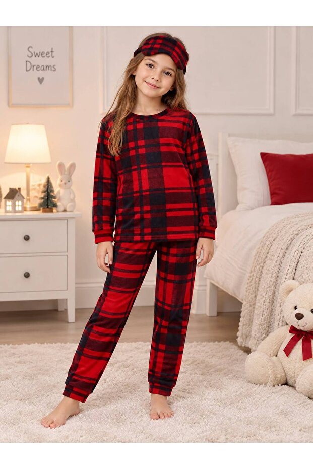 Girl's Cotton Winter Fleece Pajama Set Red Color with Sleeping Band and Plaid Pattern