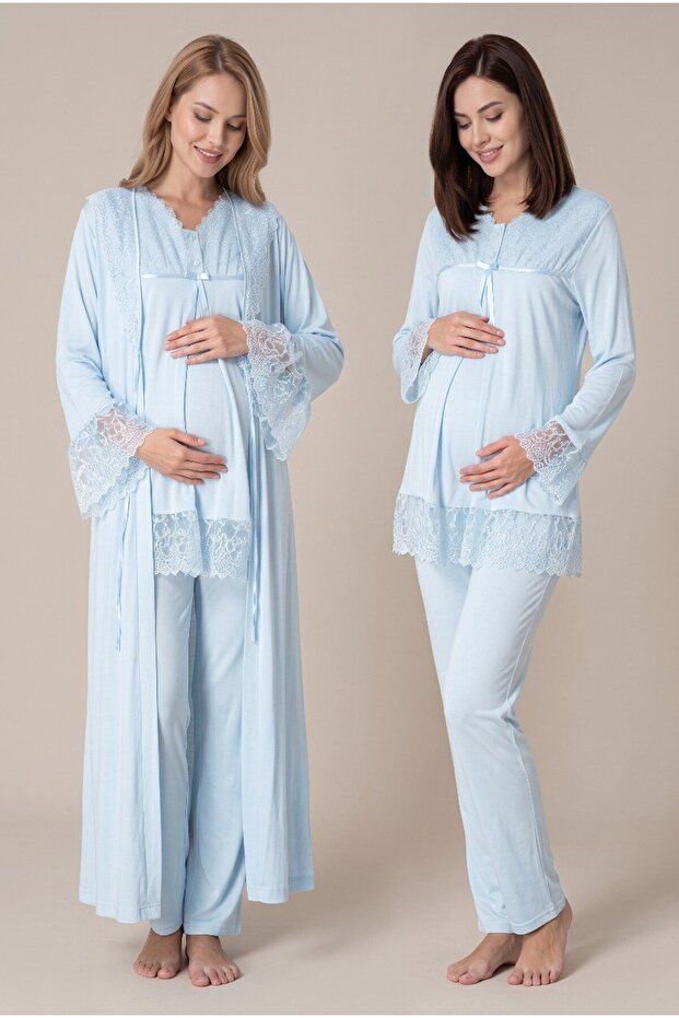 Women's Blue Lace Long Sleeve Maternity Pajama Set with Dressing Gown for Easy Breastfeeding