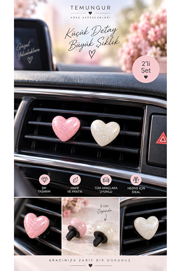 2-Piece Glitter Heart Car Air Conditioner Ornament – Pink & White Shiny Heart Auto Vent Accessory