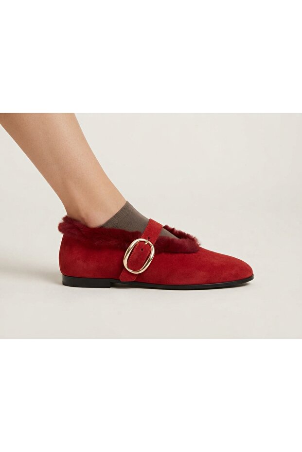 Genuine Leather Suede Fur Lined Ballerina Women's Shoes