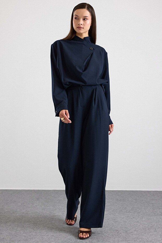 Degaje Collared Blouse and Trousers Two-Piece Set Dark Blue 9481-Tk
