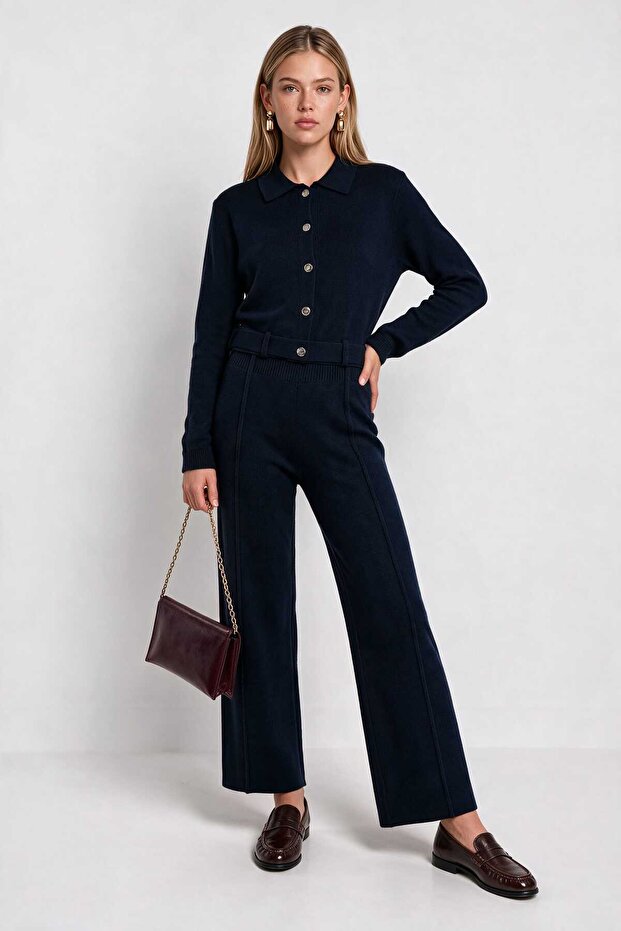 Belt Detailed Top-Bottom Knitwear Set Lki̇0064 Dark Blue