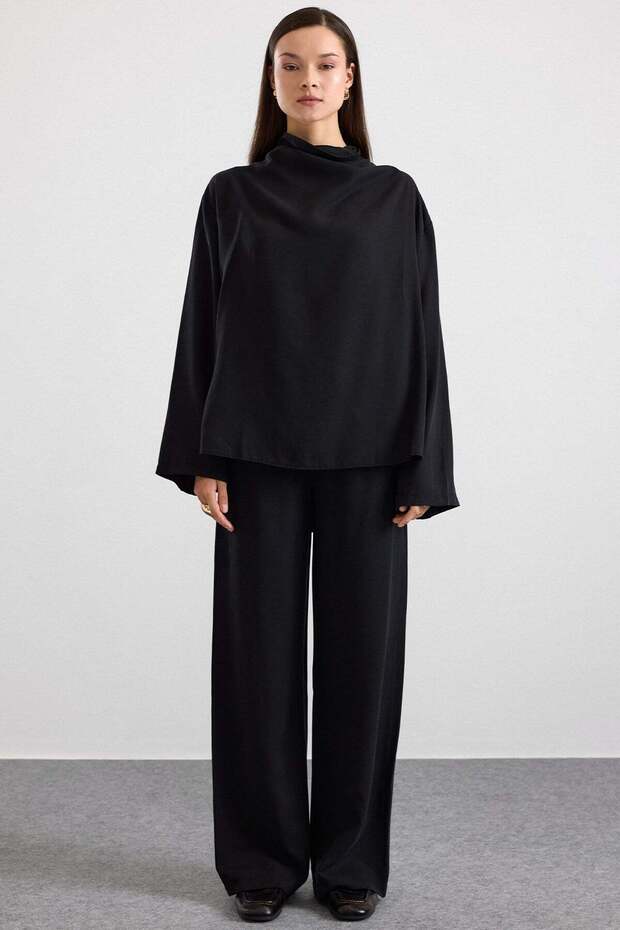 Degaje Yaka Oversize Trousers Blouse Double Set Black 9483-Tk