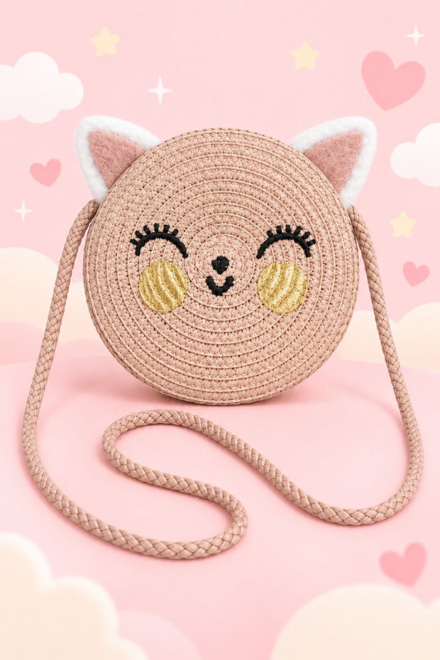 Pink Girl's Cat Soft Furry Ear Round Straw Shoulder Bag Straw Strap Mini Crossbody Bag