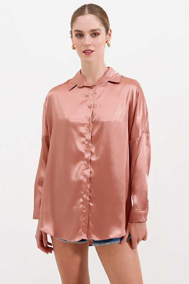 3985 Oversize Satin Shirt - Camel