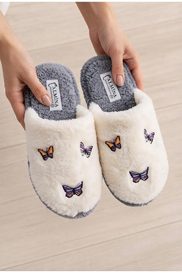 Women's Plush House Slippers Butterfly Patterned Soft Furry Winter House Slippers