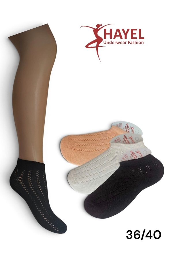 3-Piece Black Orange Ecru Mesh Women's Sneakers Chain Patterned Washable Cotton Socks