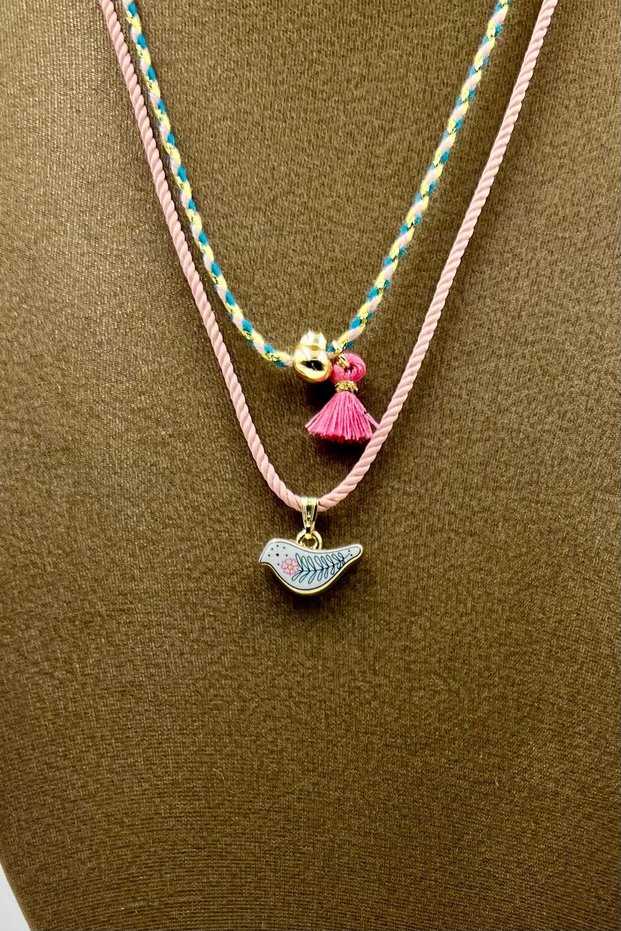 2 Pieces of Enamel Bird & Gold Heart Pendant with Tassels, Bohemian Style Powder Blue Pink Glittery Rope Necklace Set