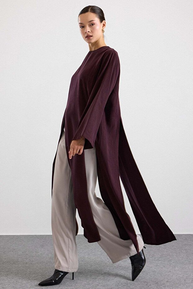 Deep Slit Oversize Long Tunic Mürdüm 9838