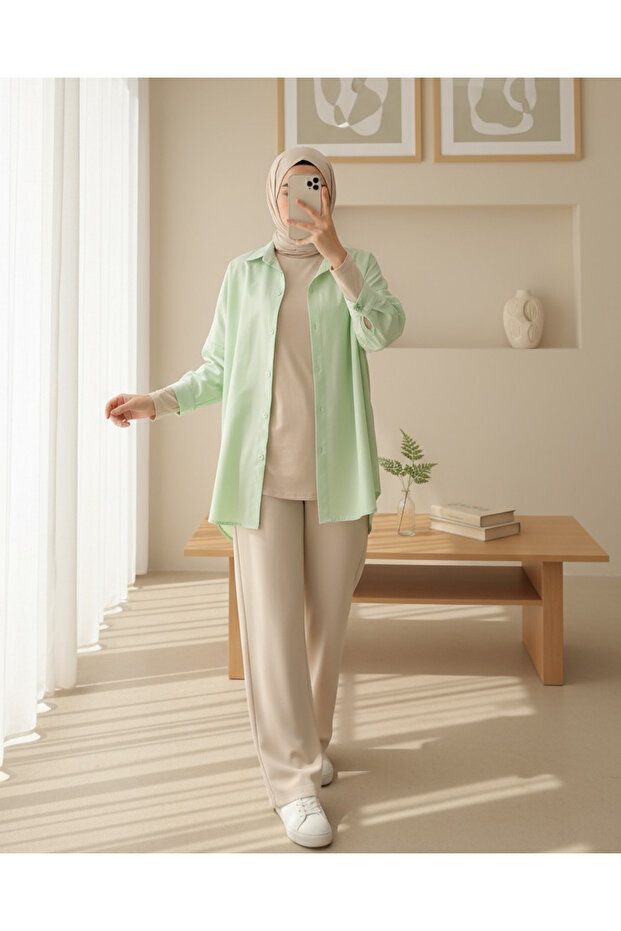 3900 Oversize Long Basic Shirt - E.green
