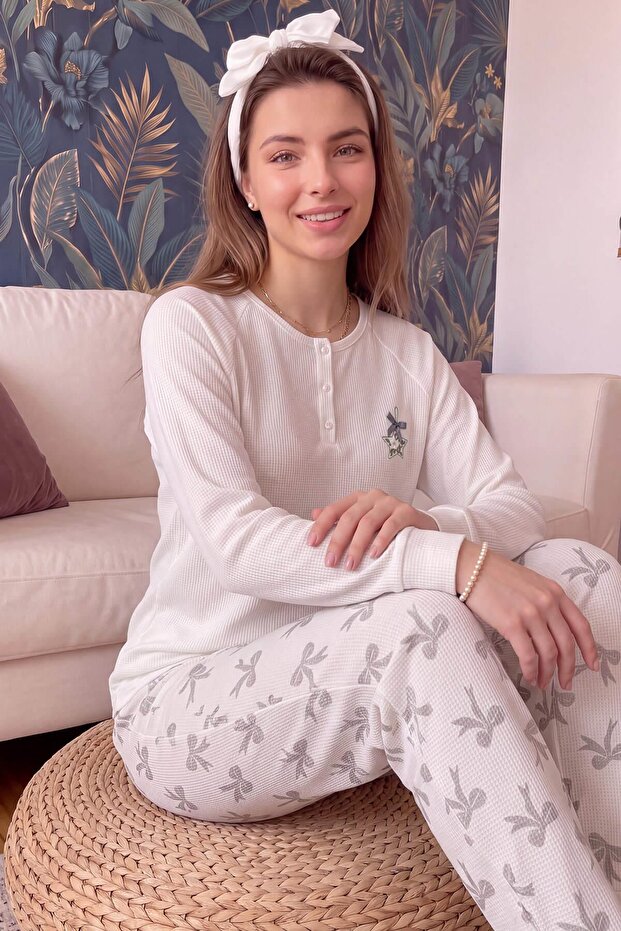 Ecru Stella Fiorita Patterned Waffle Soft Long Sleeve Women's Pajama Set