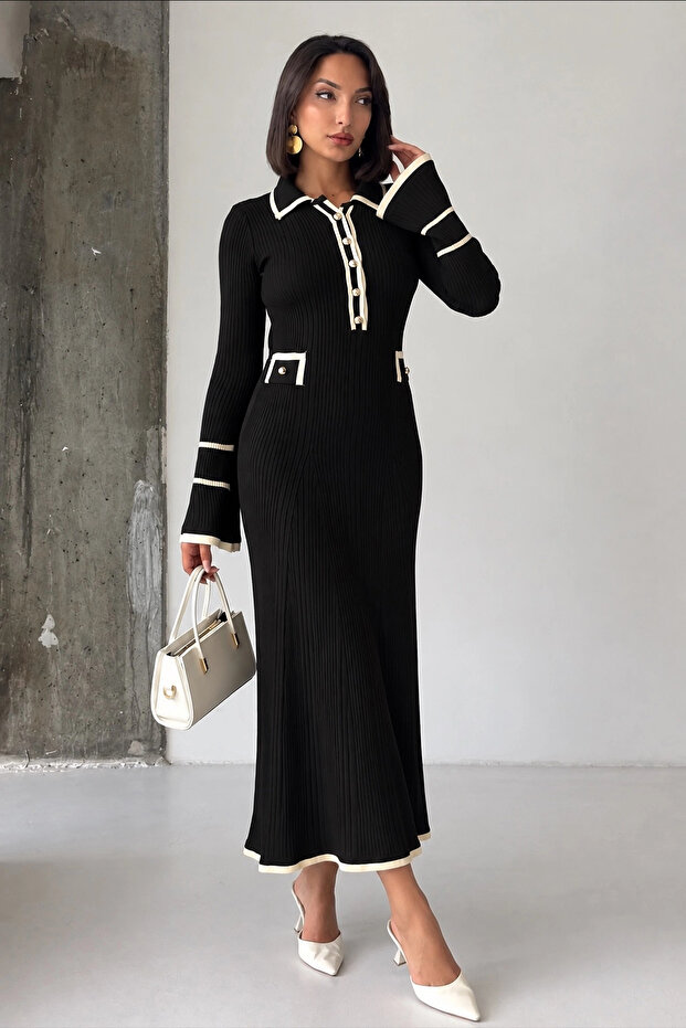 Women's Black Polo Collar Buttoned Soft Ribbed Fabric Long Knit Dress