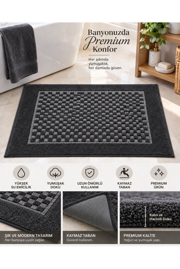 Premium Bath Mat 100% Cotton Water Absorbent Soft Textured Quick Drying Anthracite