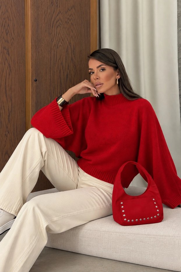 Women's Red Half Turtleneck Stylish Wide Bat Sleeve Loose Knitwear Sweater (S/M)