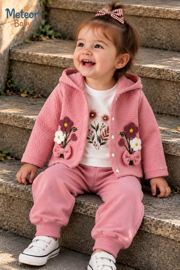 Baby Girl Set with Floral Detail, Hooded, Honeycomb Patterned, Quilted 3-Piece Top and Bottom Set, Seasonal