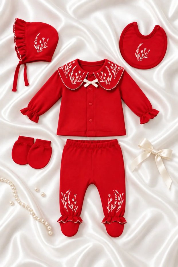 Baby Girl Red 5-Piece Hospital Discharge Set 100% Cotton Embroidered Newborn Baby Set