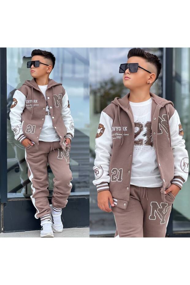 Boys' 3-Yarn Embroidered College Jacket Printed 3-Piece Set - Hooded Sweatshirt 100% Cotton Top and Bottom Set