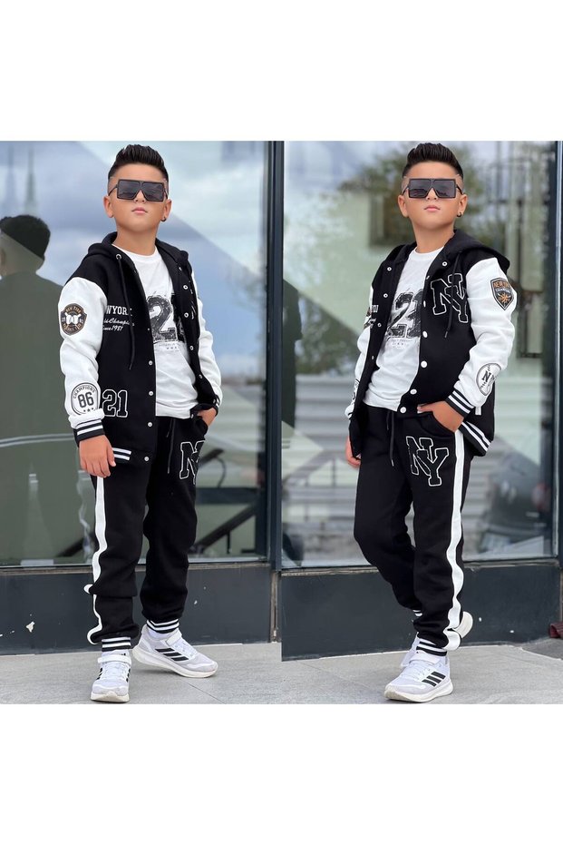 Boys' 3-Yarn Embroidered College Jacket Printed 3-Piece Set - Hooded Sweatshirt 100% Cotton Top and Bottom Set