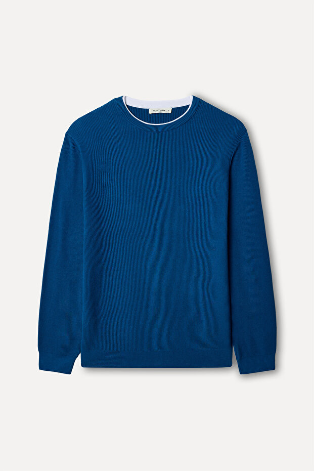 Men's Blue Braided Crew Neck Sweater