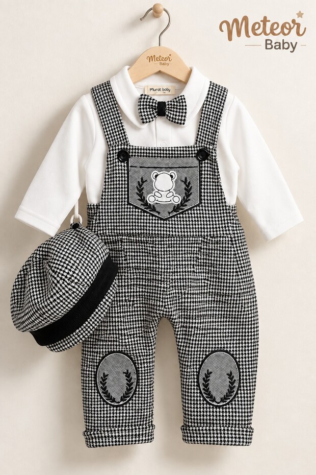Baby Boy 4-Piece Set Teddy Bear Detailed Salopet Bow Tie T-Shirt and Hat 0 3 6 9 12 Months