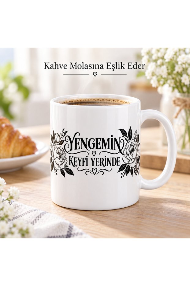 Yengeme Gift Porcelain Mug 300 ml – Yengemin Enjoyment Written on the Cup with Floral Pattern for Coffee and Tea