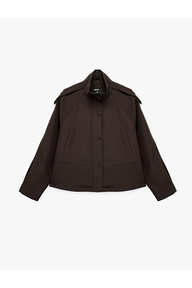 Reglan Long Sleeve Tie-Waist Stand Collar Gabardine Jacket