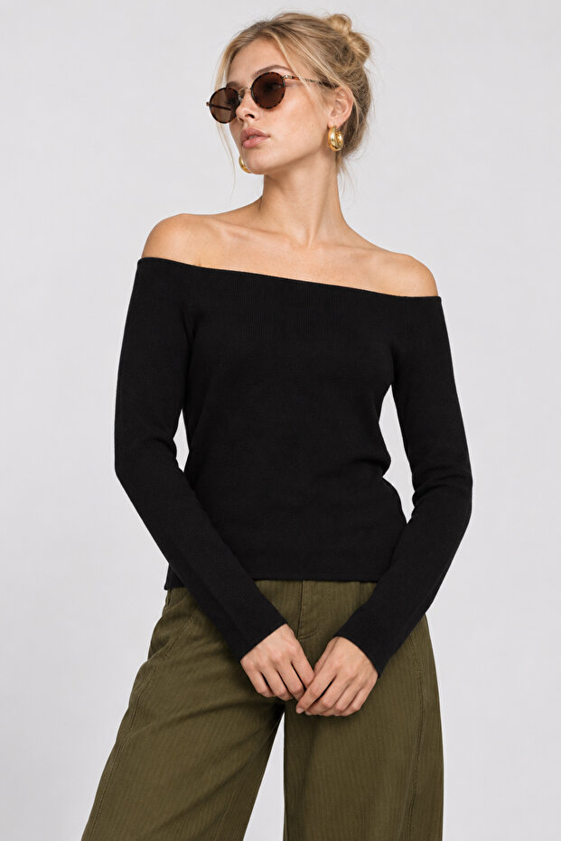 Boat Neck Basic Knitwear Sweater Lki̇0063 Black