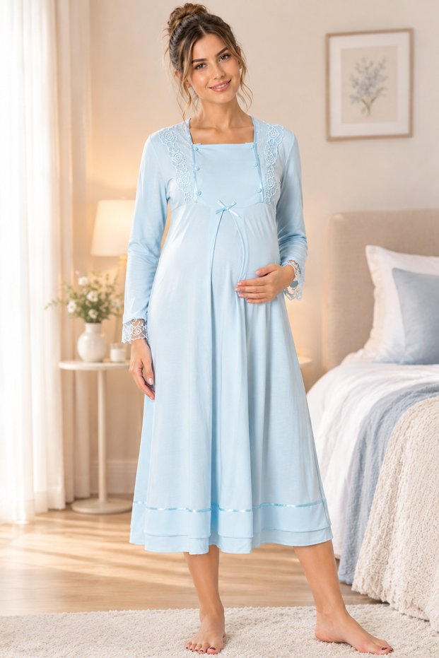 Cotton Maternity Long Sleeve Nightgown with Breastfeeding Feature Effortt