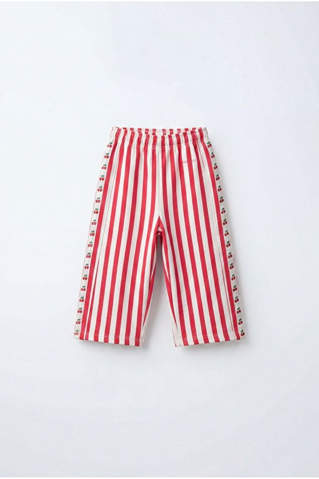 Girl's Cotton Cherry Stripe Detailed Red Striped Tracksuit