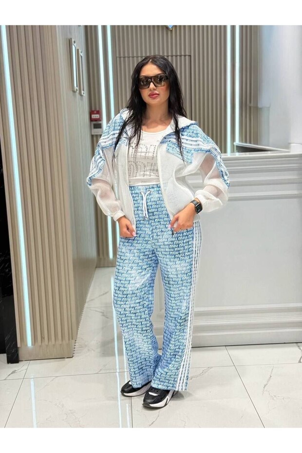 Women's Quality Light Blue Striped Top and Bottom Tracksuit Set