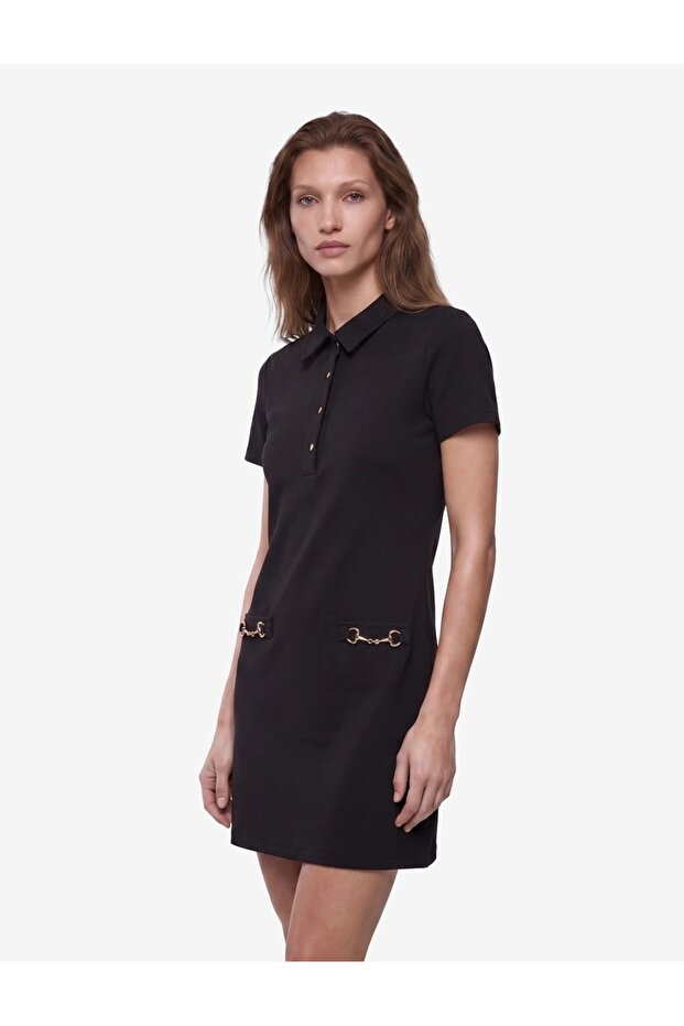 Crepe Scuba Fabric Metal Accessory Pocketed Short Sleeve Buttoned Polo Collar Mini Dress