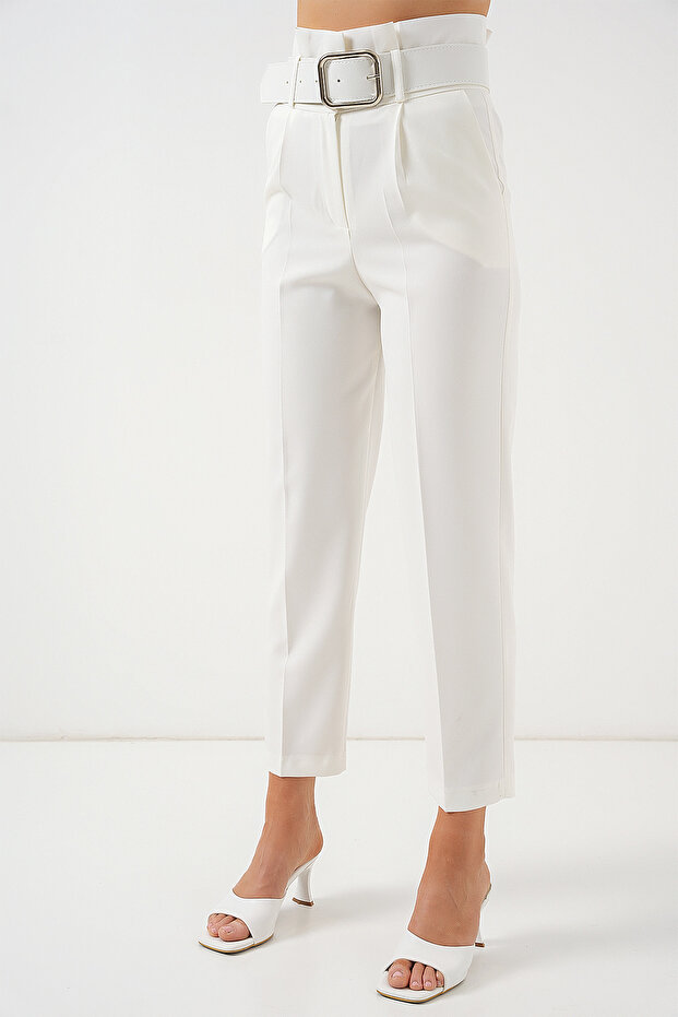 6556 Belted Fabric Trousers - Ecru