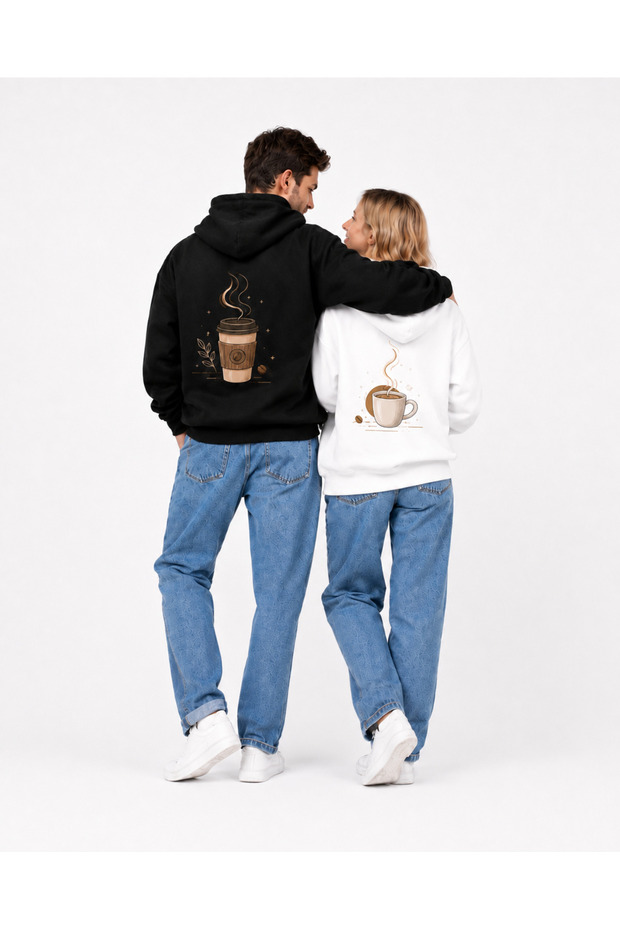 Lover's Combination 2-Piece Oversize Unisex Coffee Themed Back Printed Hooded Sweatshirt Hoodie