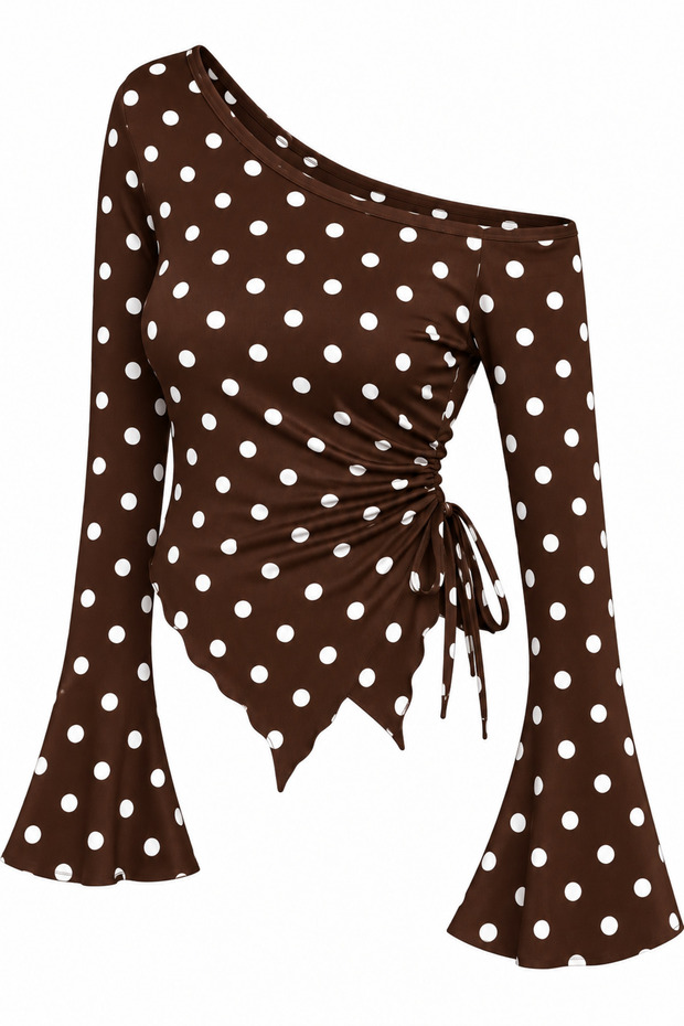 Polka Dot Long Sleeve Asymmetric Collar Draped Side Tie Blouse Top
