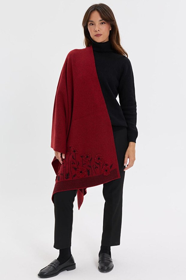 Women's Felt Flower Embroidered Wool Shawl with Single Side Branches, Red