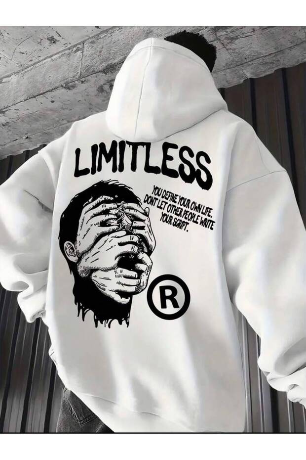 Unisex Oversize 3 Thread Raster Printed Hooded Sweatshirt with Kangaroo Pocket, "Limitless" Written, Face-Covering Hands and Motivational Text Motif