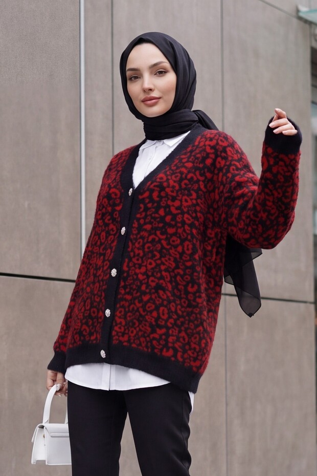 Leopard Pattern Buttoned Oversize Bearded Knitwear Cardigan -Red