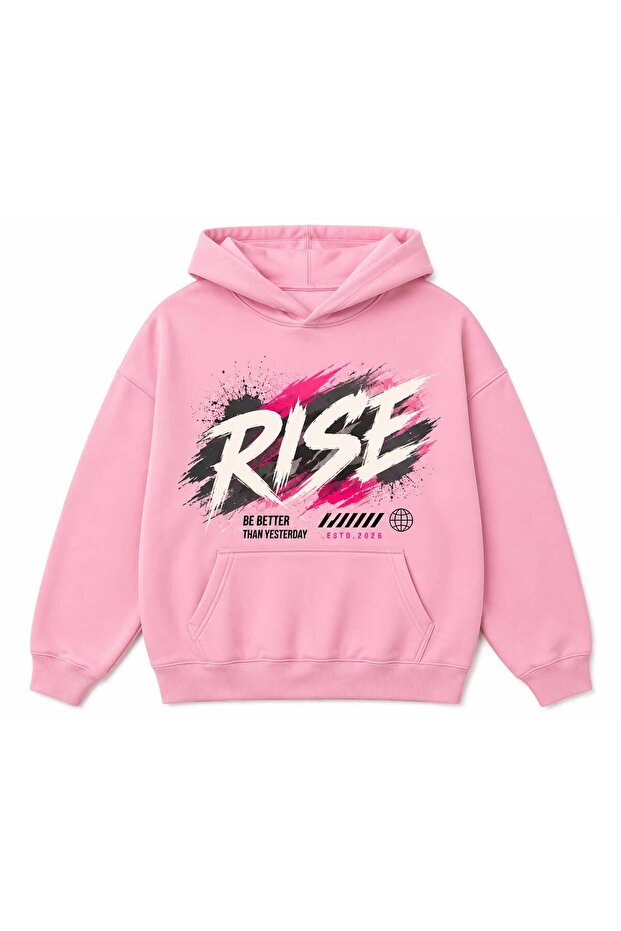 Pink Unisex Oversize 3 Thread Raster Kangaroo Pocket Hooded Sweatshirt with "Rise" Print, Splash Effect and "Be Better Than Yesterday" Slogan Motif