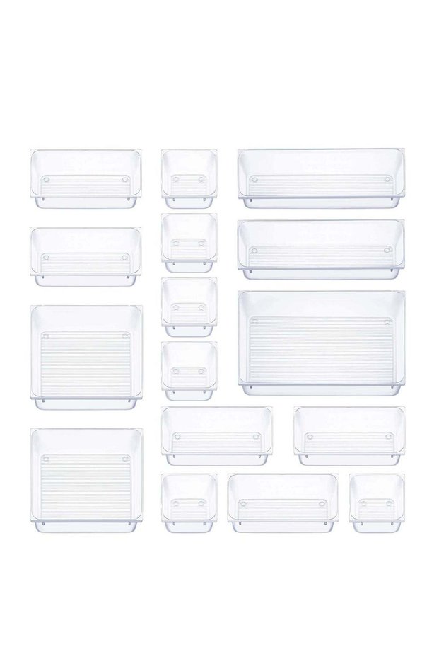 16 Piece Clear Plastic Drawer Organizer Set,Multipurpose Storage Trays for Jewelry,Kitchen and Office,5 Sizes