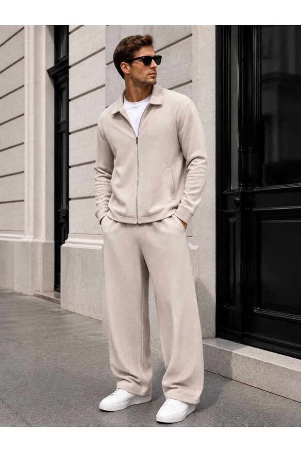 Crep Fabric Lightweight Zippered Shirt Collar Top and Bottom Set with Baggy Pants