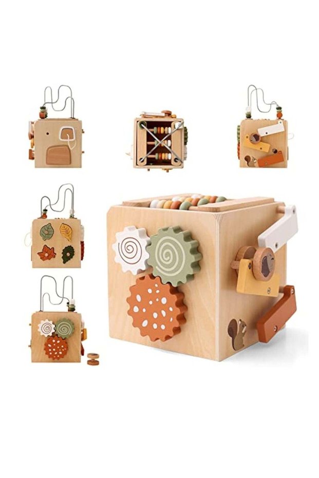 Wooden 5-in-1 Montessori Baby Activity Cube,Educational Motor Skills Center with Bead Maze and Shape Sorter