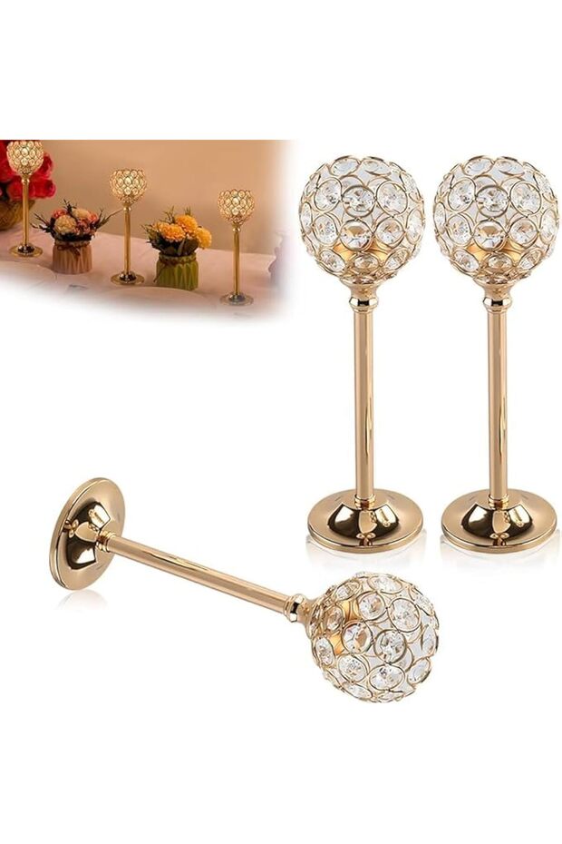 Gold Crystal Candle Holder Set,3 Pieces Metal Tealight Candelabras,Tall Votive Candlesticks for Dining Table Centerpiece and Wedding Decor