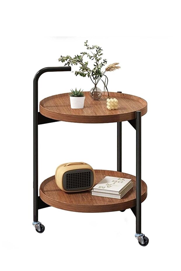2-Tier Round Side Table with Rolling Casters,Mid Century Modern Walnut Finish Coffee Table,Movable Bedside and Sofa End Table