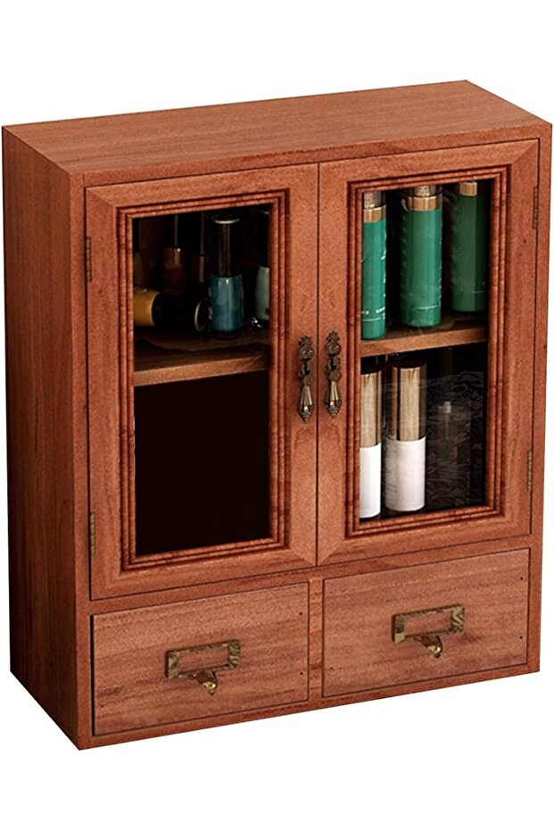 Wooden Desktop Storage Cabinet with Double Doors and Drawers,Retro Jewelry and Cosmetic Organizer for Perfume and Cups
