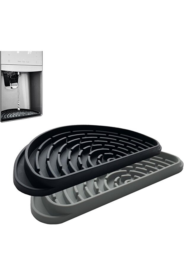 2-Pack Silicone Refrigerator Drip Tray Catcher,Semi-Circular Spill Protector for Water Dispenser Pan,Black and Grey