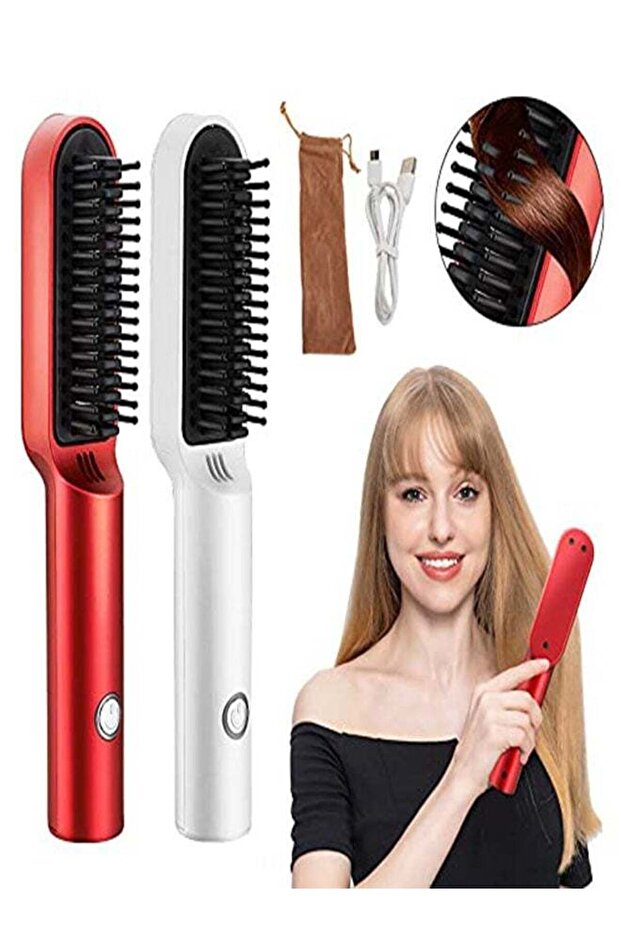 Ionic Hair Straightening Brush,Fast Heating Salon Flat Iron Brush for Smooth and Shiny Hair,White