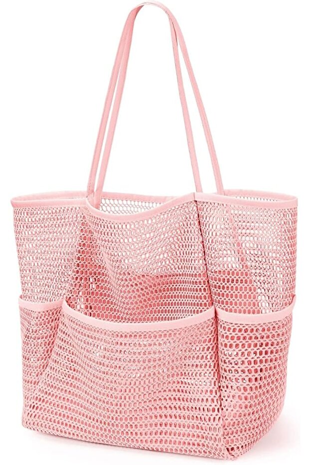 Large Mesh Beach Tote Bag with 4 Pockets and Inner Zippered Pocket,Foldable Sand-Free Swimming Pool Travel Bag,Pink,38x36x17cm