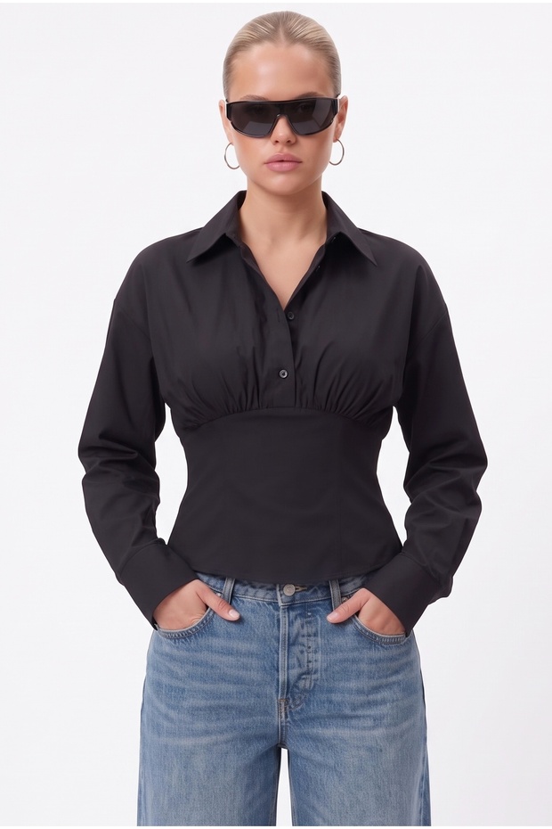 Women's Tiya Waist-Fitted Lace-Up Adjustable Black Cotton Shirt
