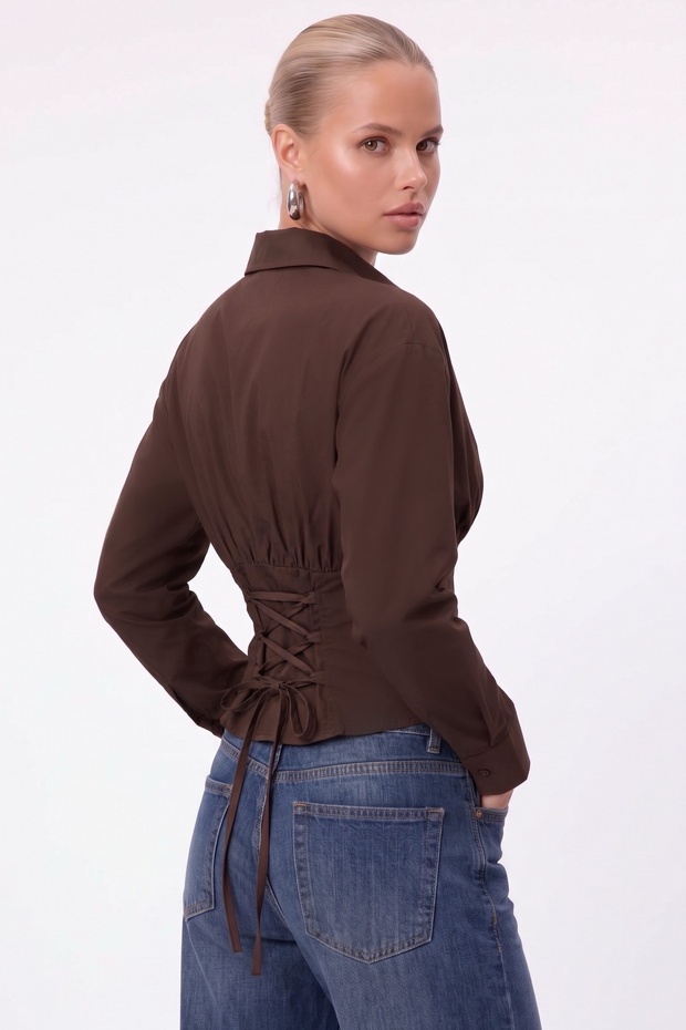 Women's Tiya Waist-Fitted Lace-Up Adjustable Brown Cotton Shirt